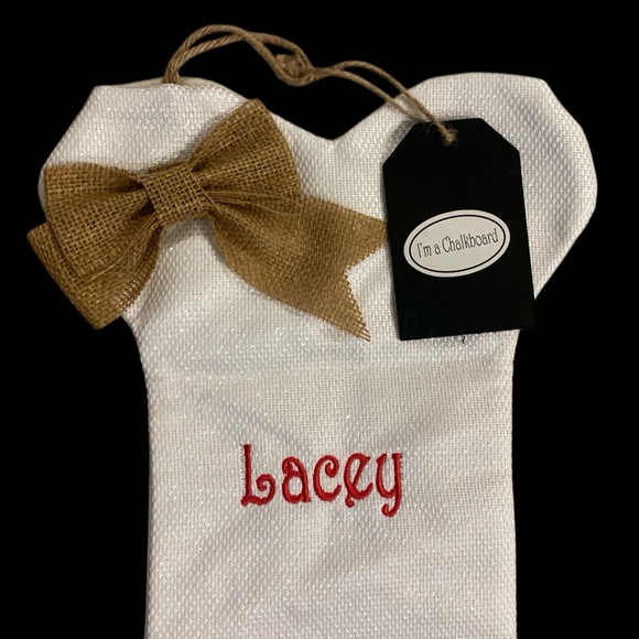 White Burlap Dog Bone Christmas Stocking “Lacey” Red Embroidered NWOT - Picture 4 of 8
